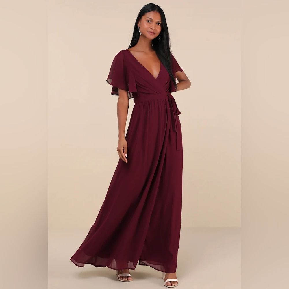 Lulus Convincing Grace Burgundy Flutter Sleeve Wrap Maxi Dress